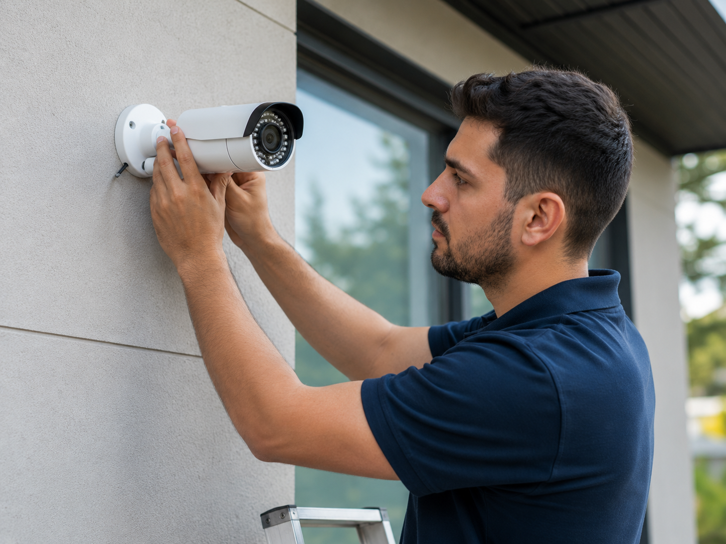 Security camera installation on an exterior wall