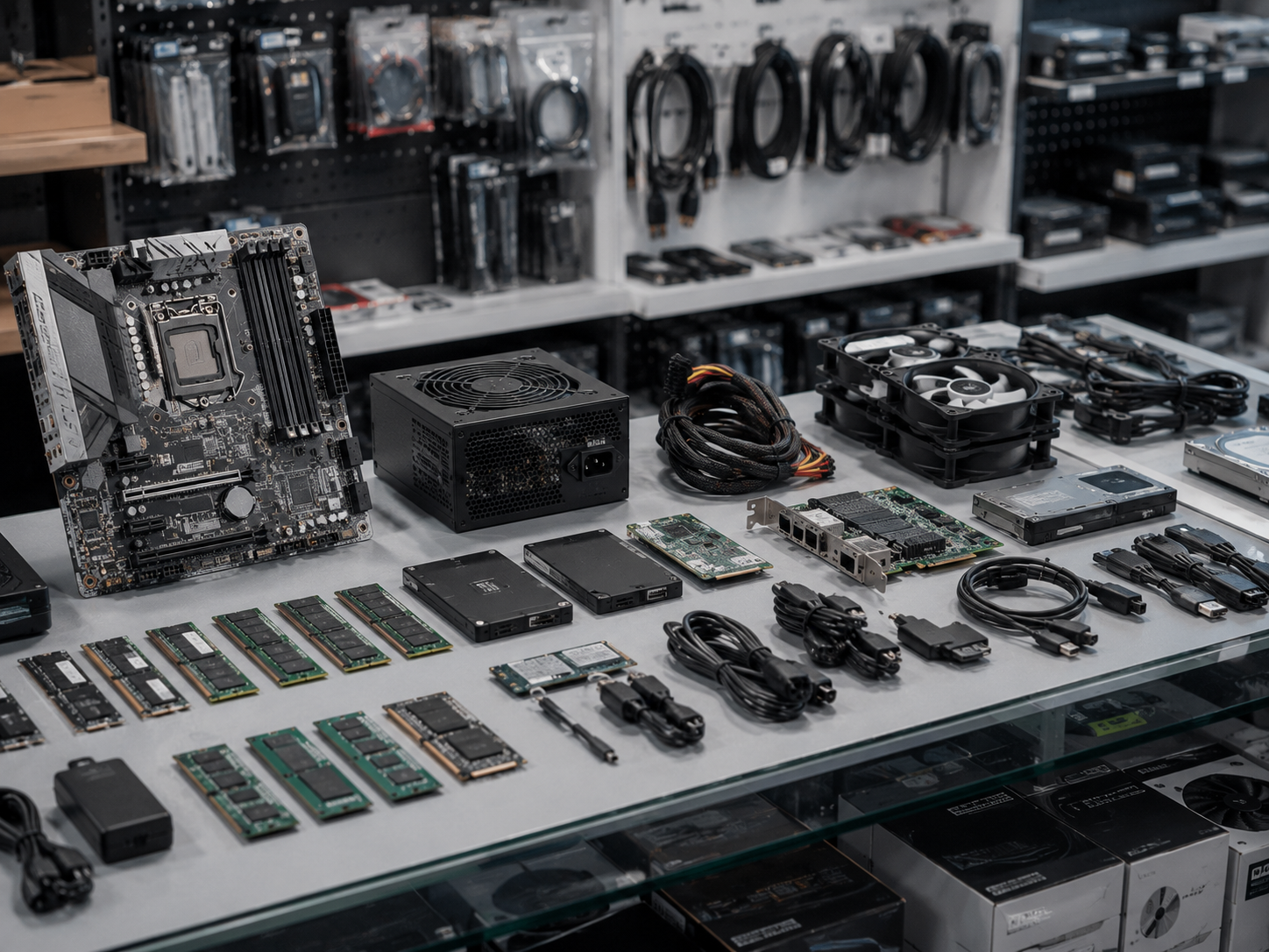Computer parts and electronics accessories display