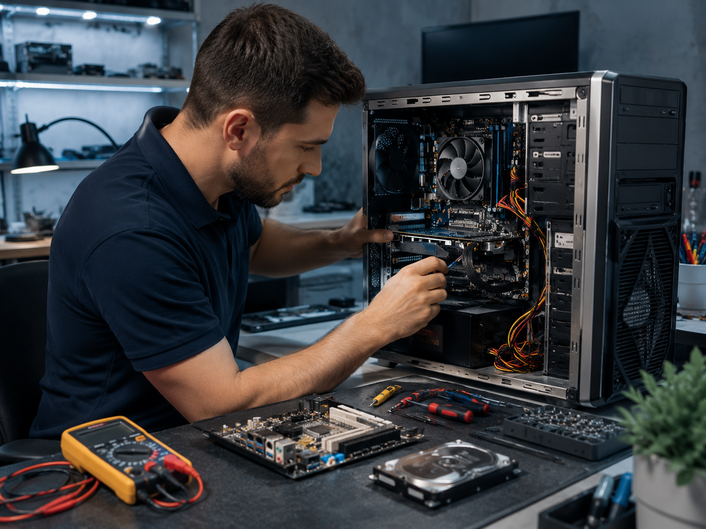 Open desktop computer being repaired