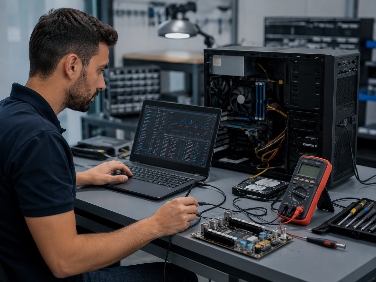Technician diagnosing a computer issue