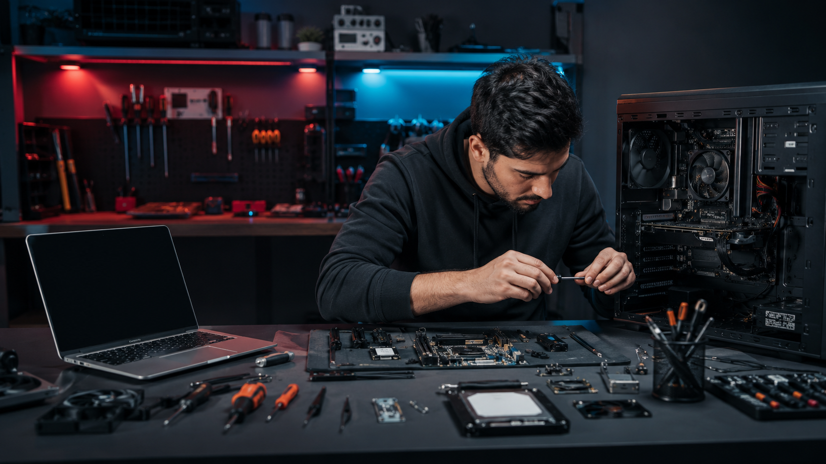 Technician repairing computer equipment at a professional workbench