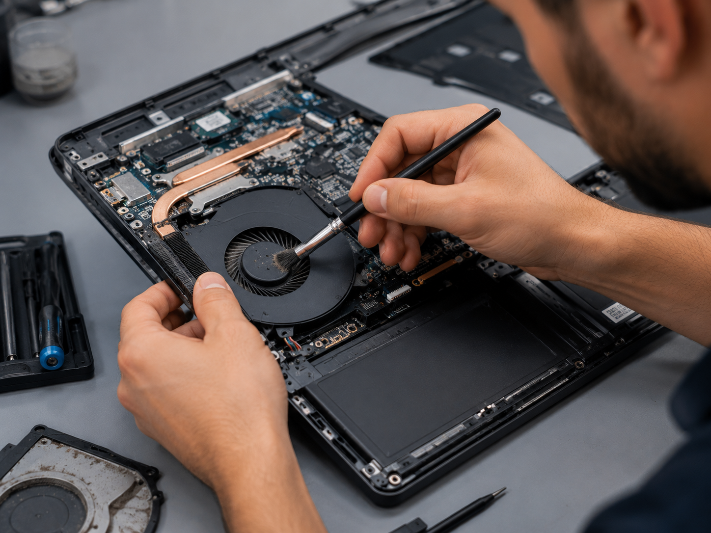 Laptop cooling fan cleaning and internal service