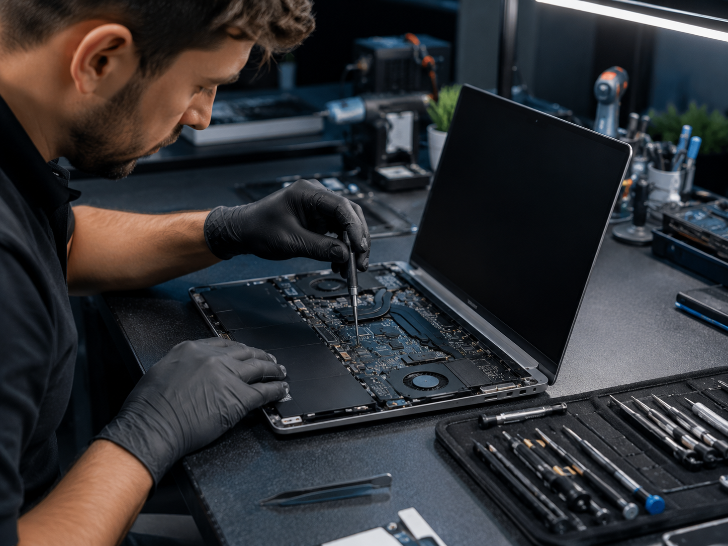 Laptop opened for repair on a workbench