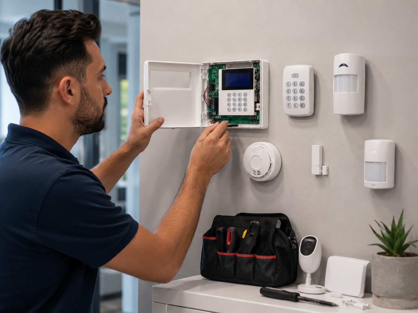 Modern security system keypad and control panel installation