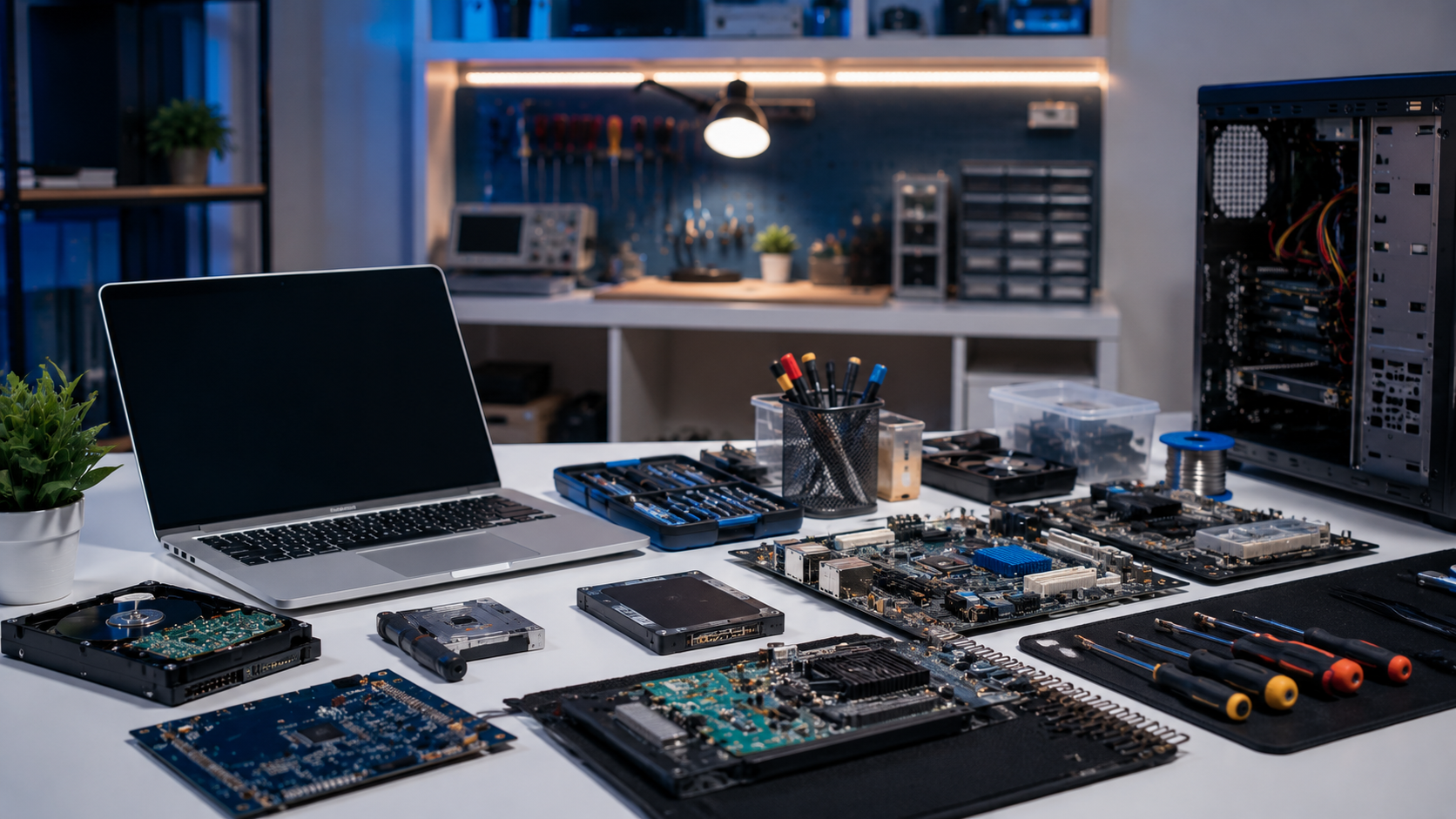 Organized computer repair workbench with devices, parts, and tools